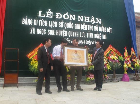 Nghệ An đón nhận Bằng xếp hạng di tích quốc gia Đền thờ Hồ Hưng Dật